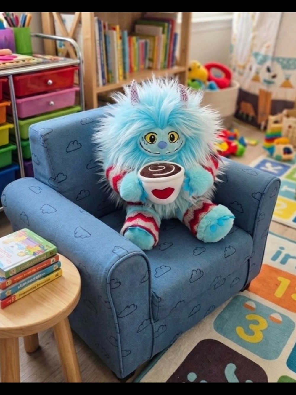 Blue Furry Monster Plush Toy with Cup Of Latte